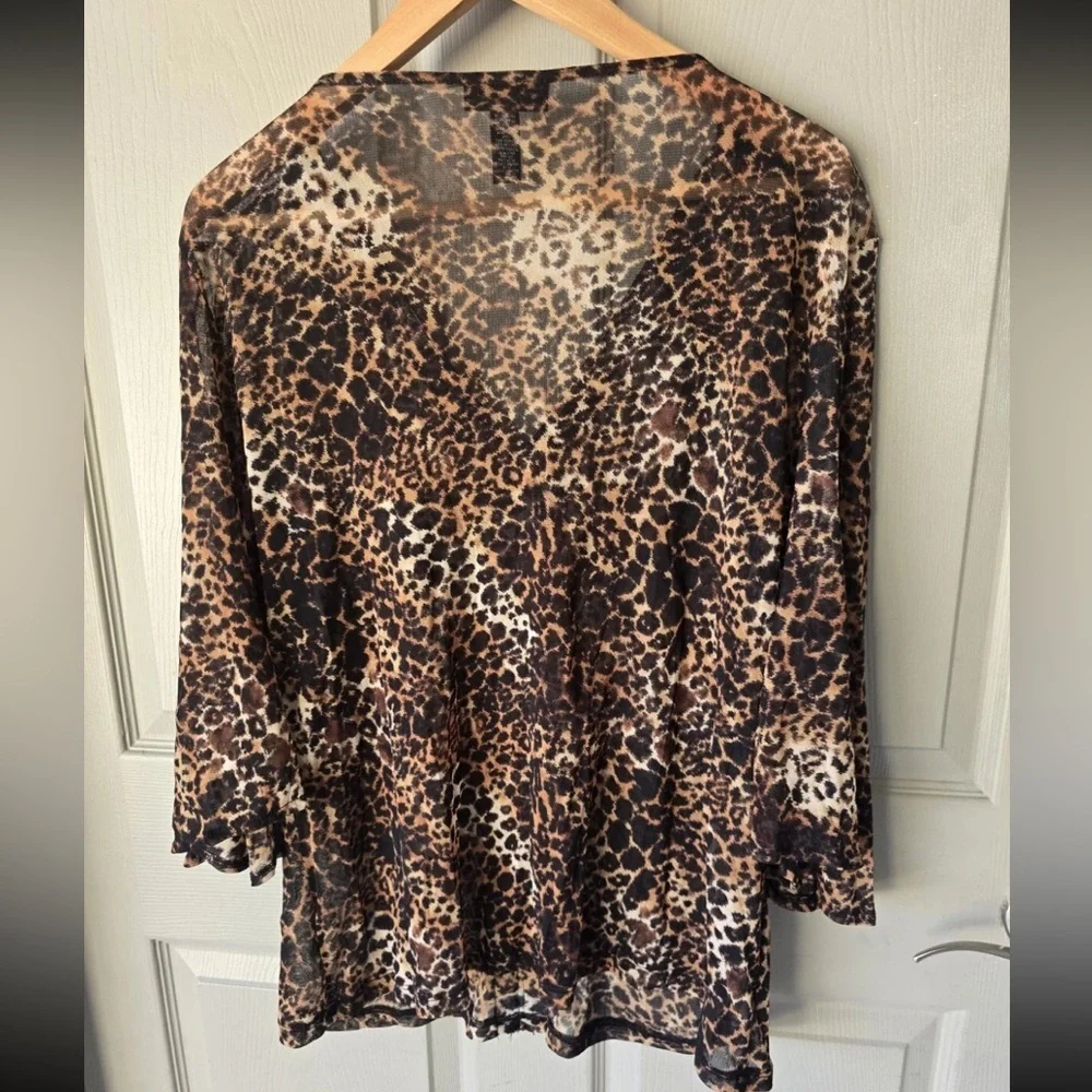Alfani Women Blouse Size XL Animal Print Embroidery Flare 3/4 Sleeve Y2k Neutral